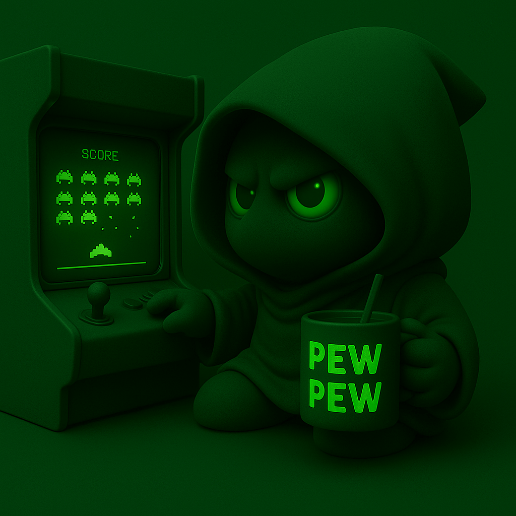 A neon‐glowing arcade cabinet labeled 'Lucky Games'