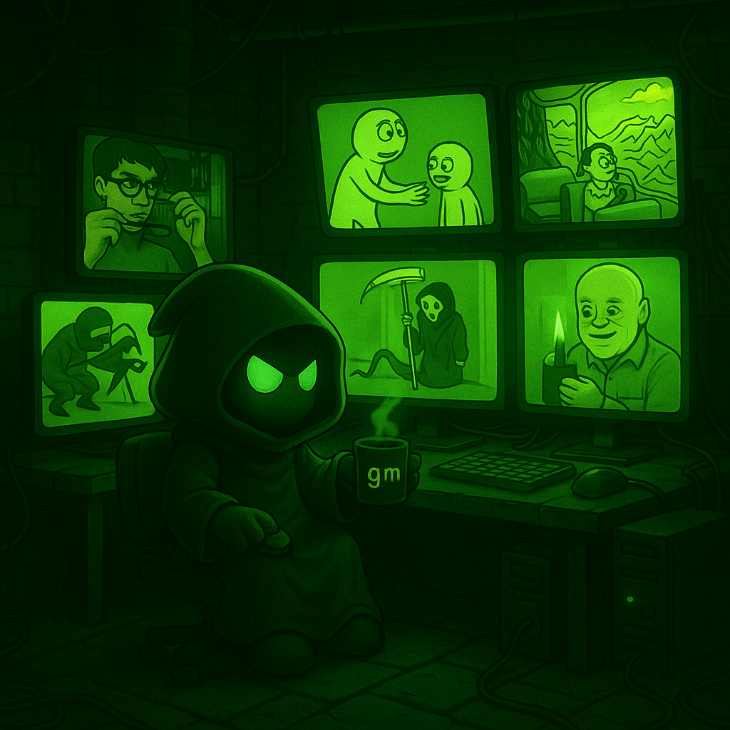 Wick in a dungeon filled with meme scrolls and glowing emojis